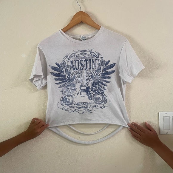 White and Blue AUSTIN Graphic Crop Tee with back design - Picture 1 of 6